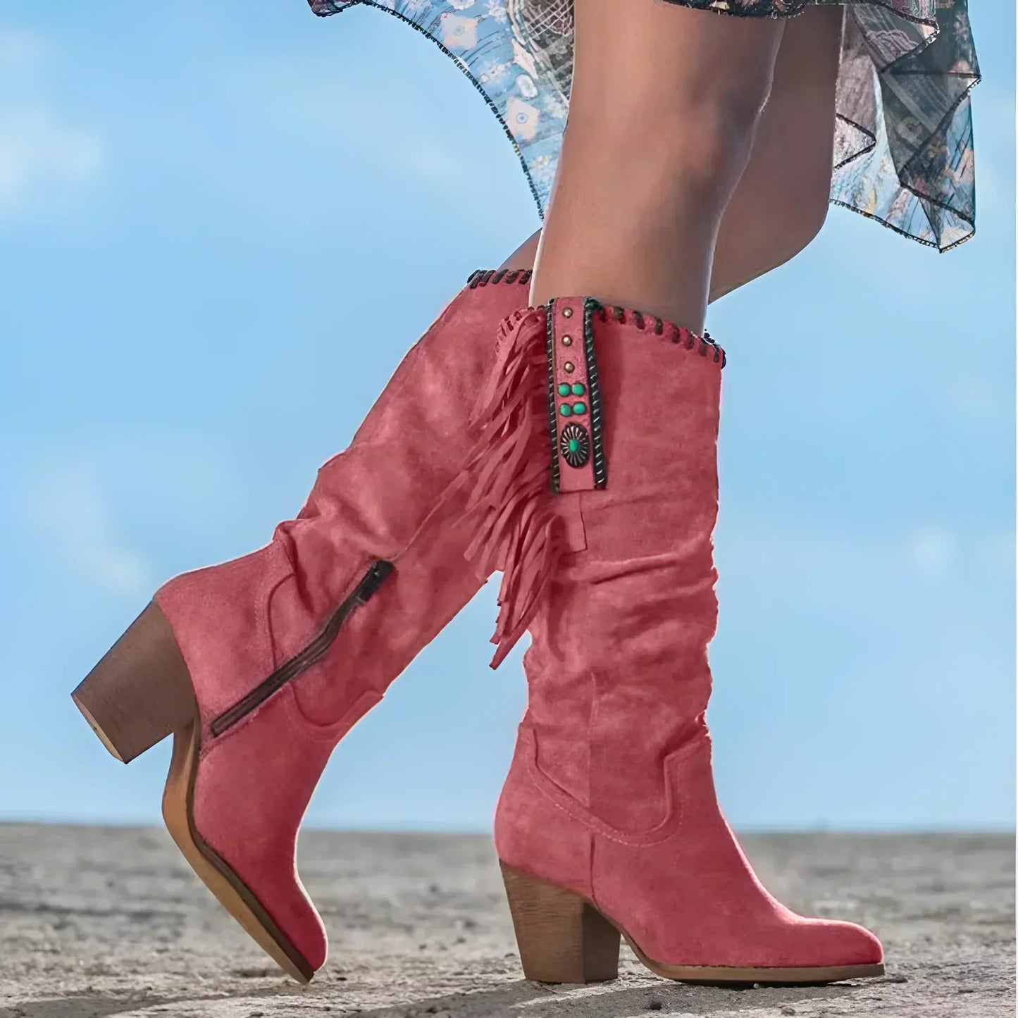 Botas Western con flecos y tacón grueso