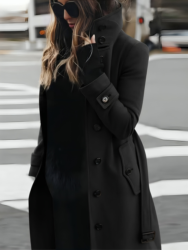 Abrigo tipo trench para mujer largo con cuello alto y cinturón