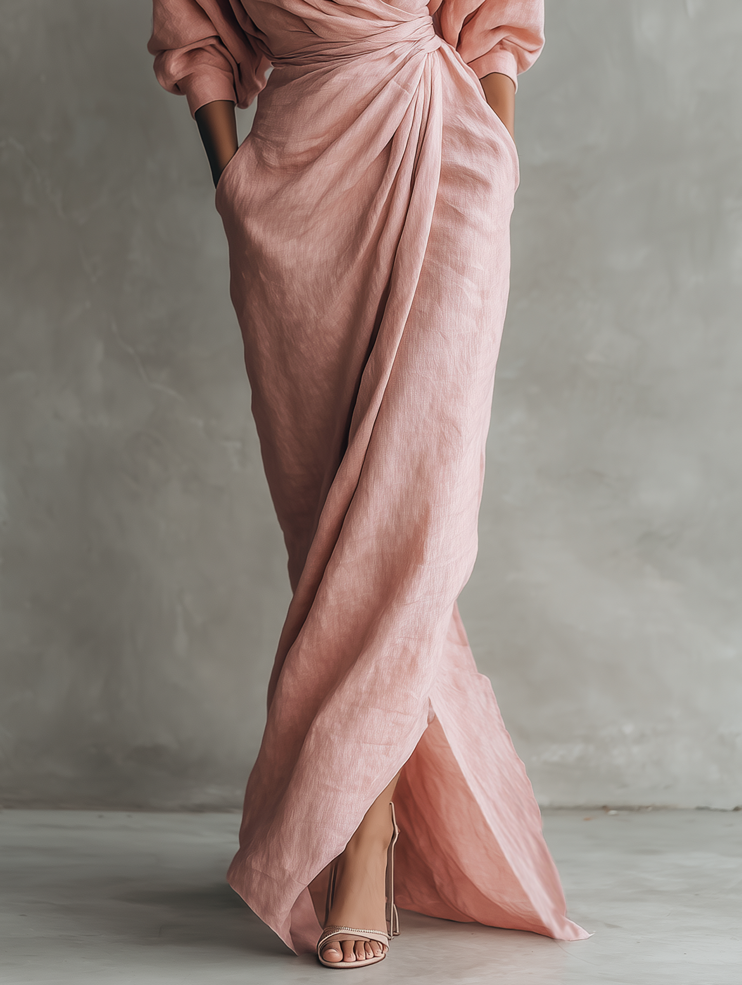 Vestido largo minimalista rosa con escote en V de mezcla de lino para mujer
