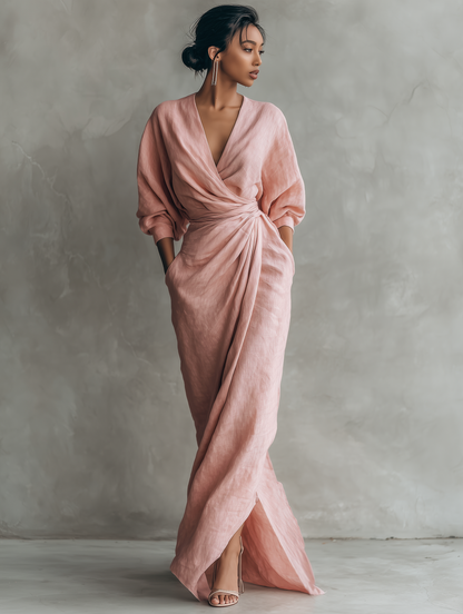 Vestido largo minimalista rosa con escote en V de mezcla de lino para mujer