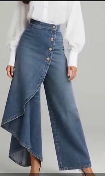 Pantalones únicos de moda con botones y volantes para mujer