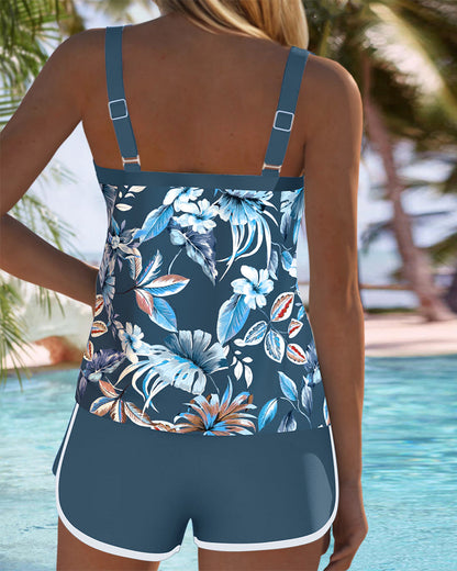 Tankini con escote en U sin mangas estampado