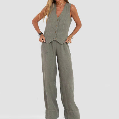Conjunto de chaleco con cuello en V y pantalones rectos sueltos