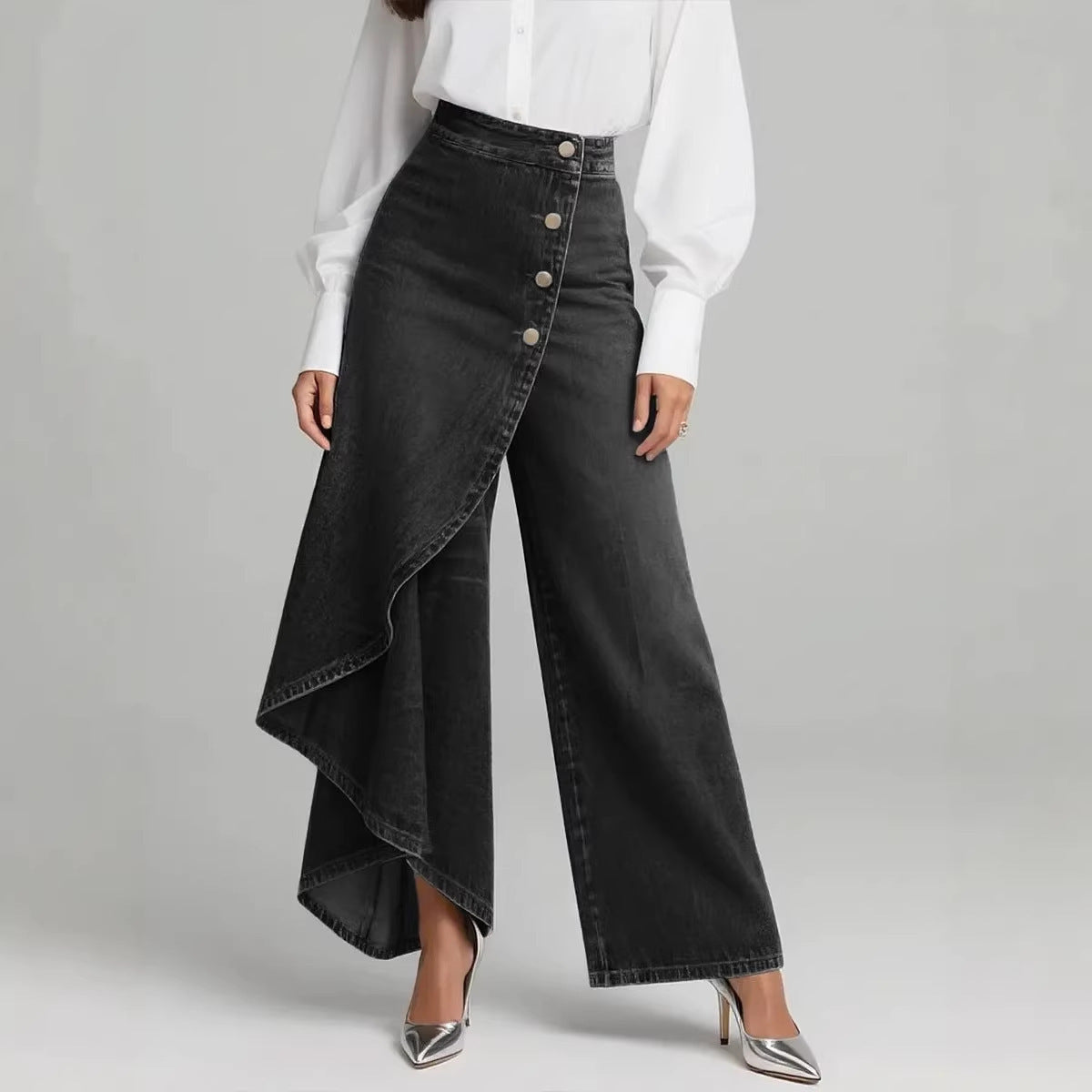 Pantalones únicos de moda con botones y volantes para mujer