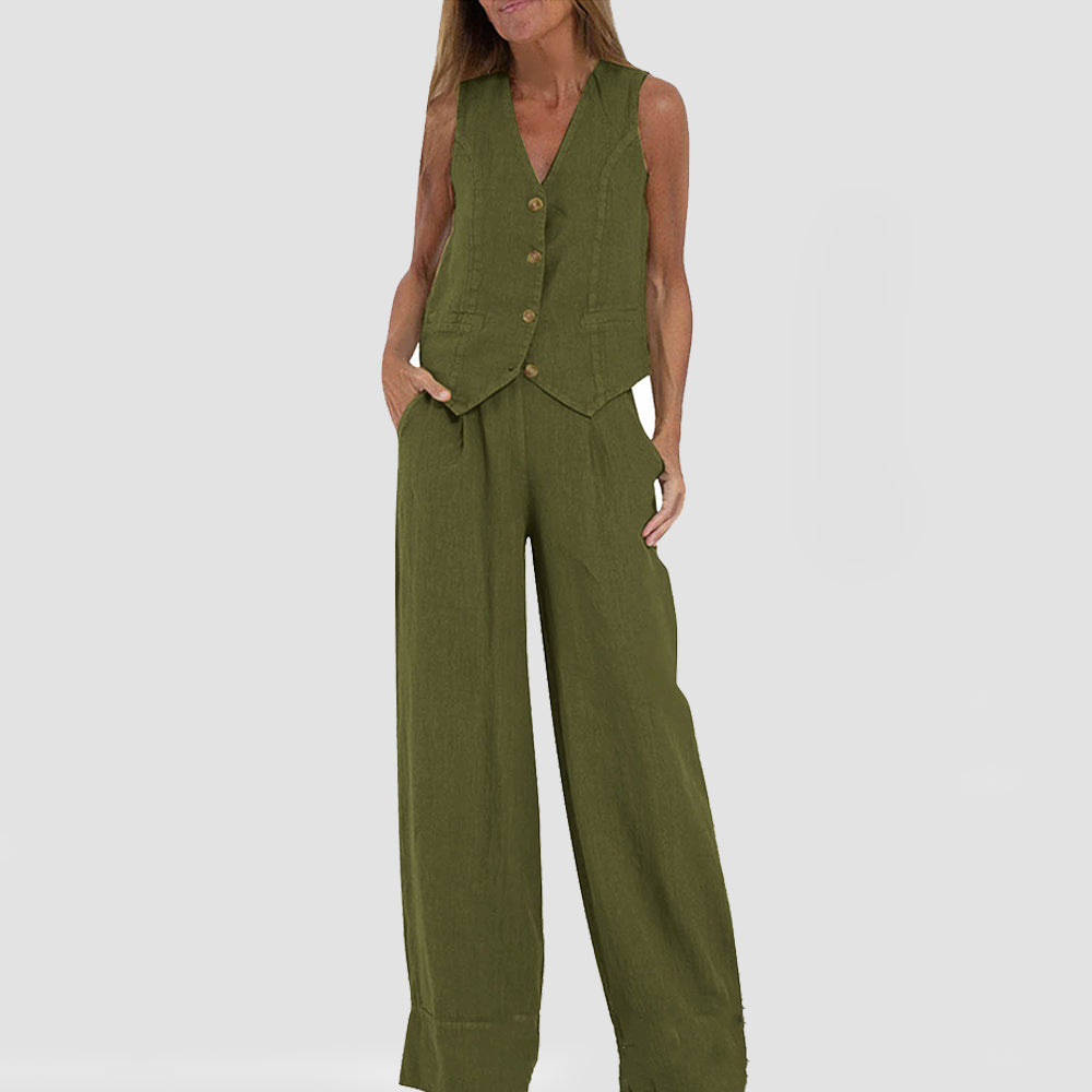 Conjunto de chaleco con cuello en V y pantalones rectos sueltos