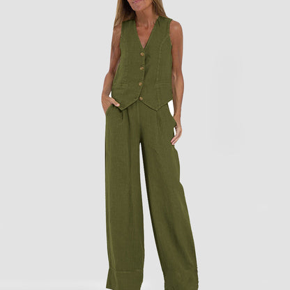 Conjunto de chaleco con cuello en V y pantalones rectos sueltos
