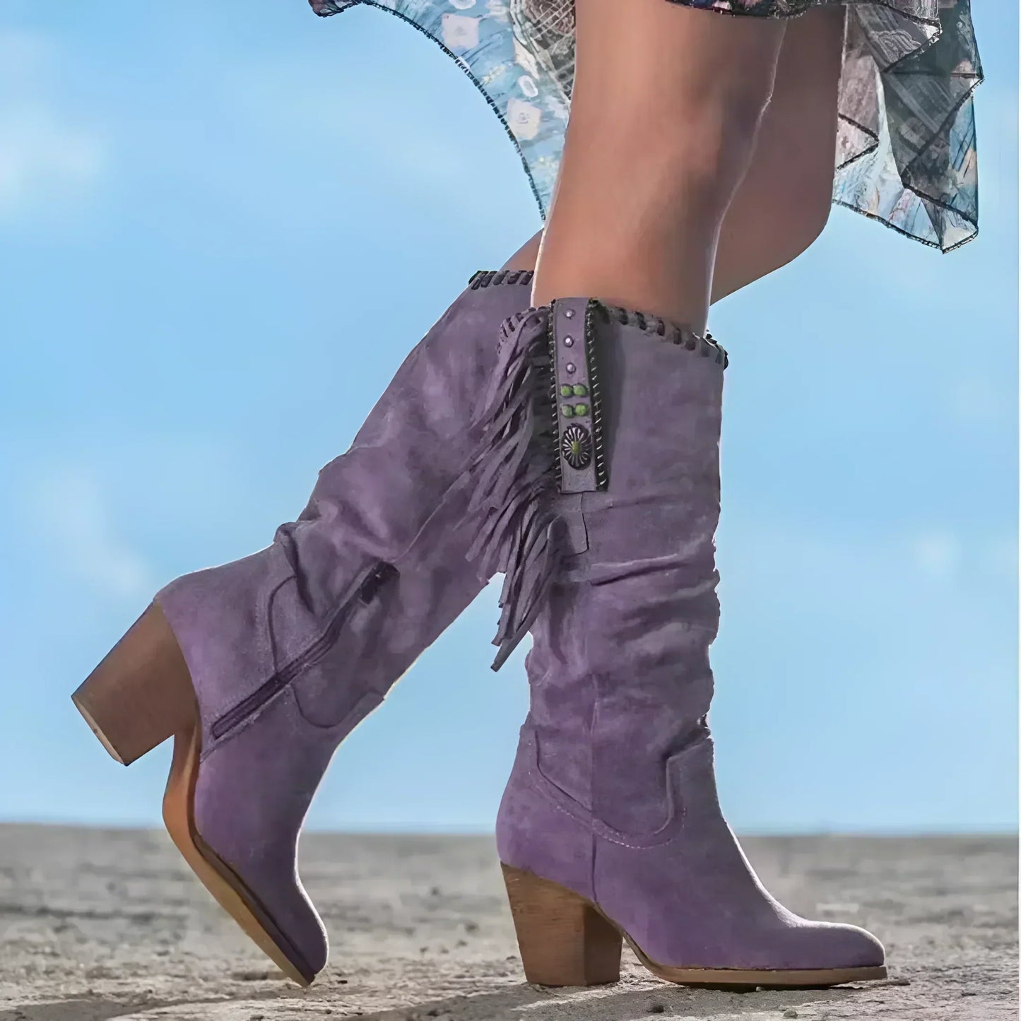 Botas Western con flecos y tacón grueso