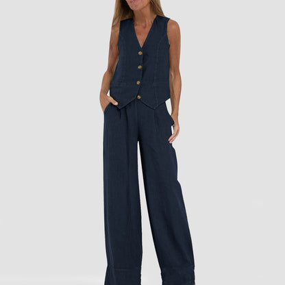 Conjunto de chaleco con cuello en V y pantalones rectos sueltos