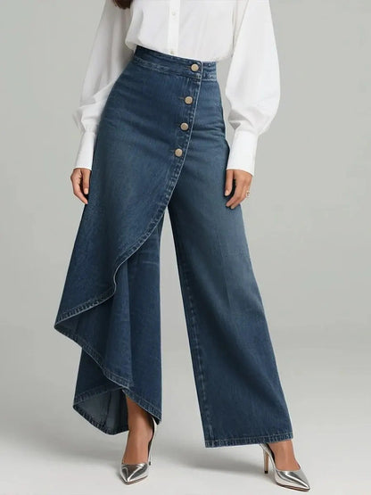 Pantalones únicos de moda con botones y volantes para mujer