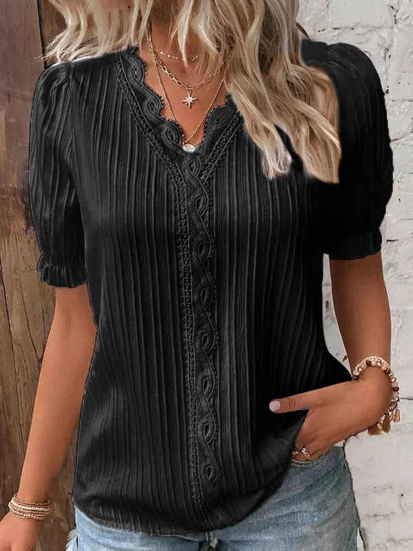 Pilar - Blusa plisada con encaje y manga abullonada