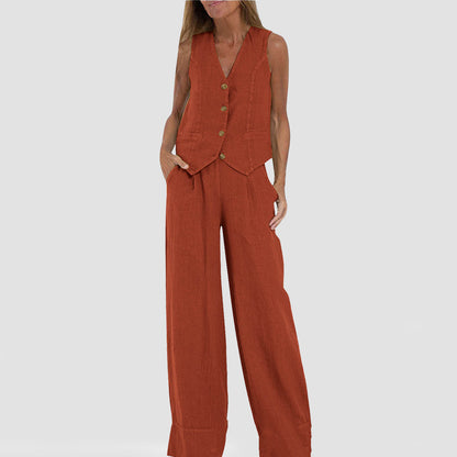 Conjunto de chaleco con cuello en V y pantalones rectos sueltos