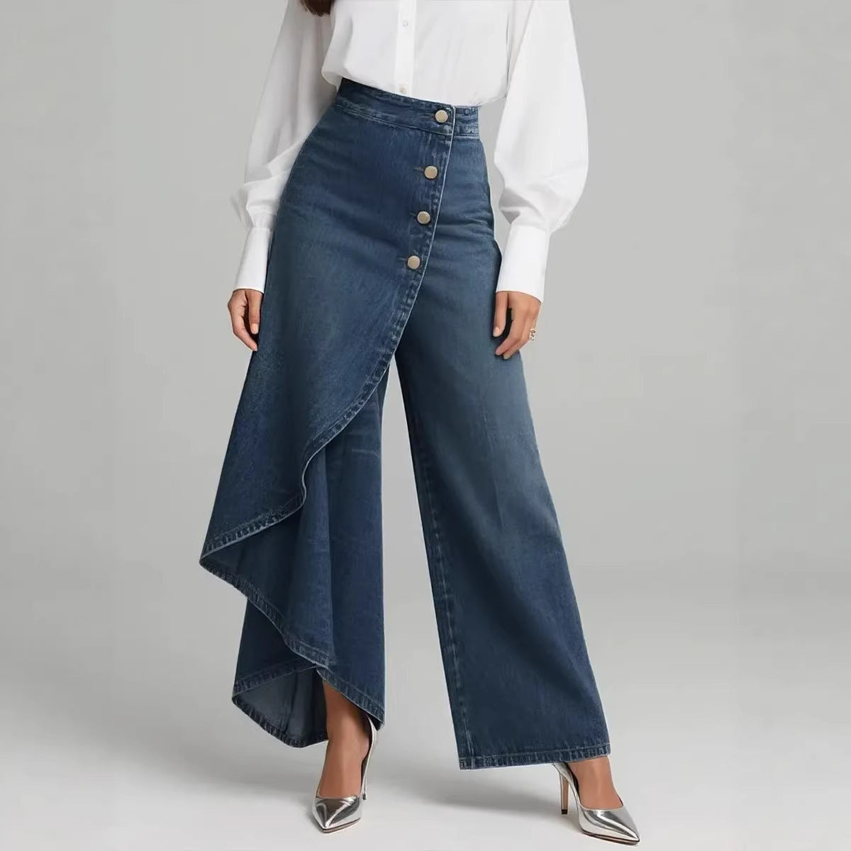 Pantalones únicos de moda con botones y volantes para mujer