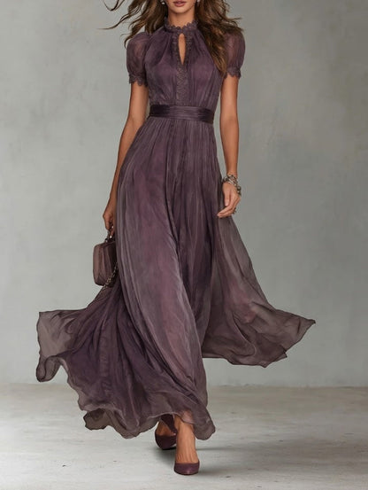 Flavia - Vestido largo violeta con escote en lágrima y borde de encaje de chiffón