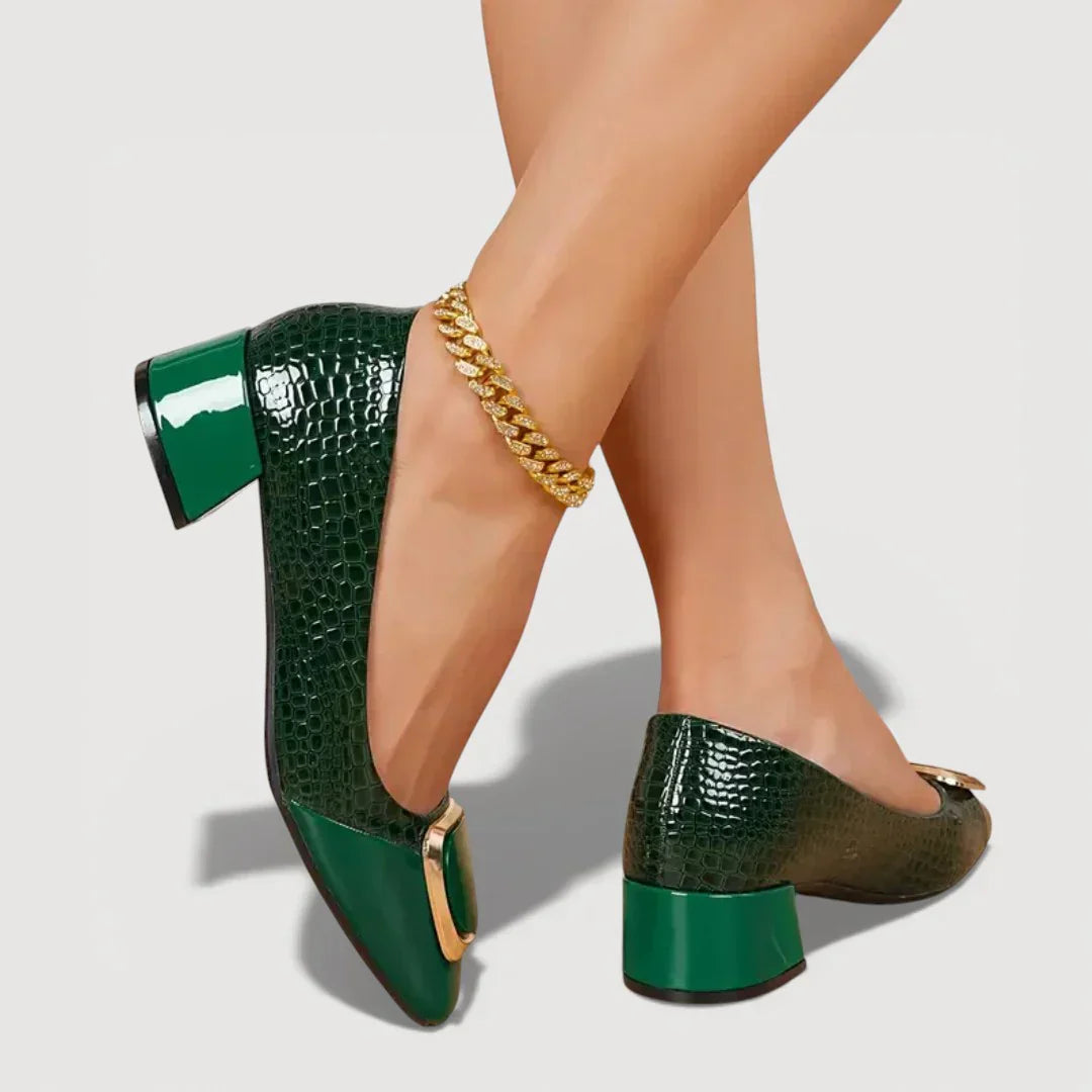 Zapatos de tacón bajo efecto cocodrilo
