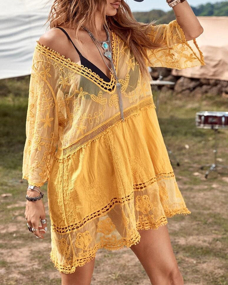 Smock con escote en V y encaje bordado