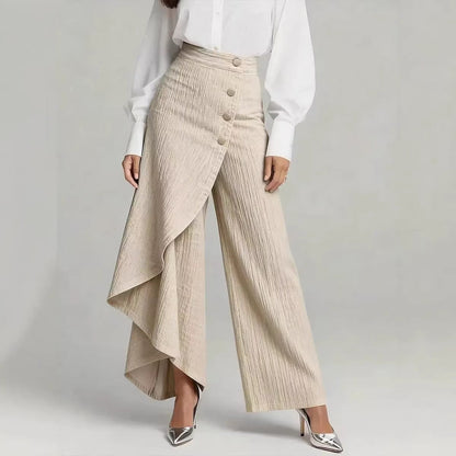 Pantalones únicos de moda con botones y volantes para mujer