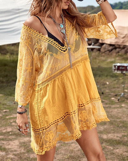 Smock con escote en V y encaje bordado