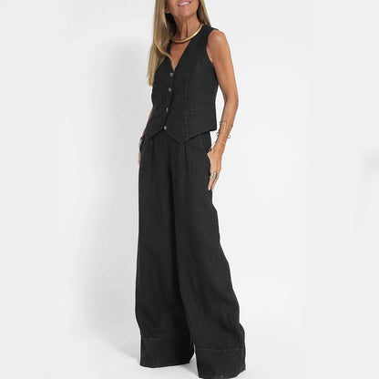 Conjunto de chaleco con cuello en V y pantalones rectos sueltos