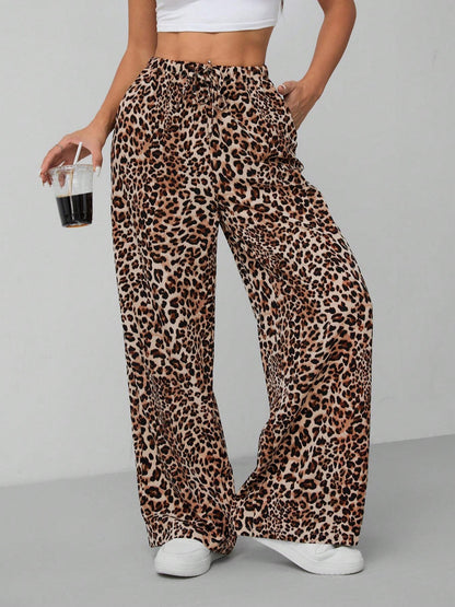 Pantalones casuales de cintura alta con estampado de leopardo