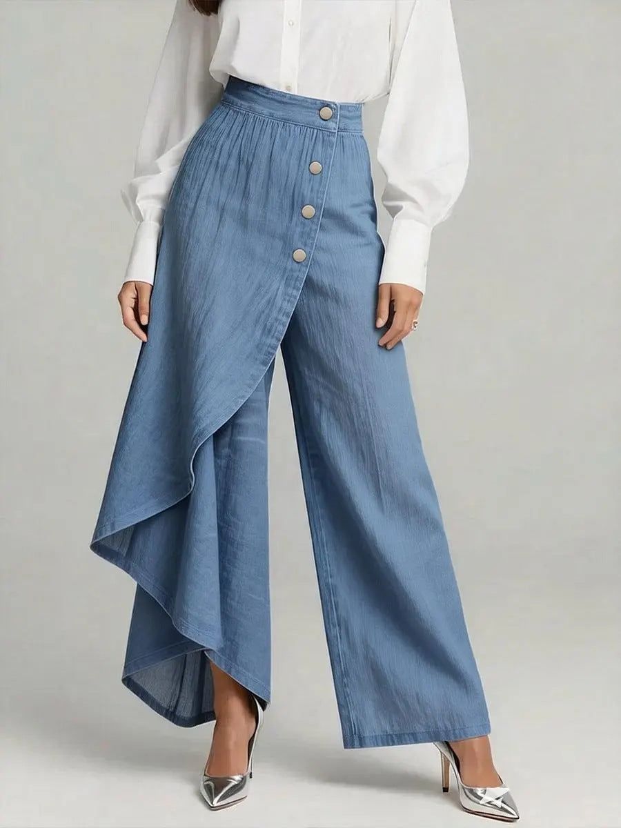 Pantalones únicos de moda con botones y volantes para mujer