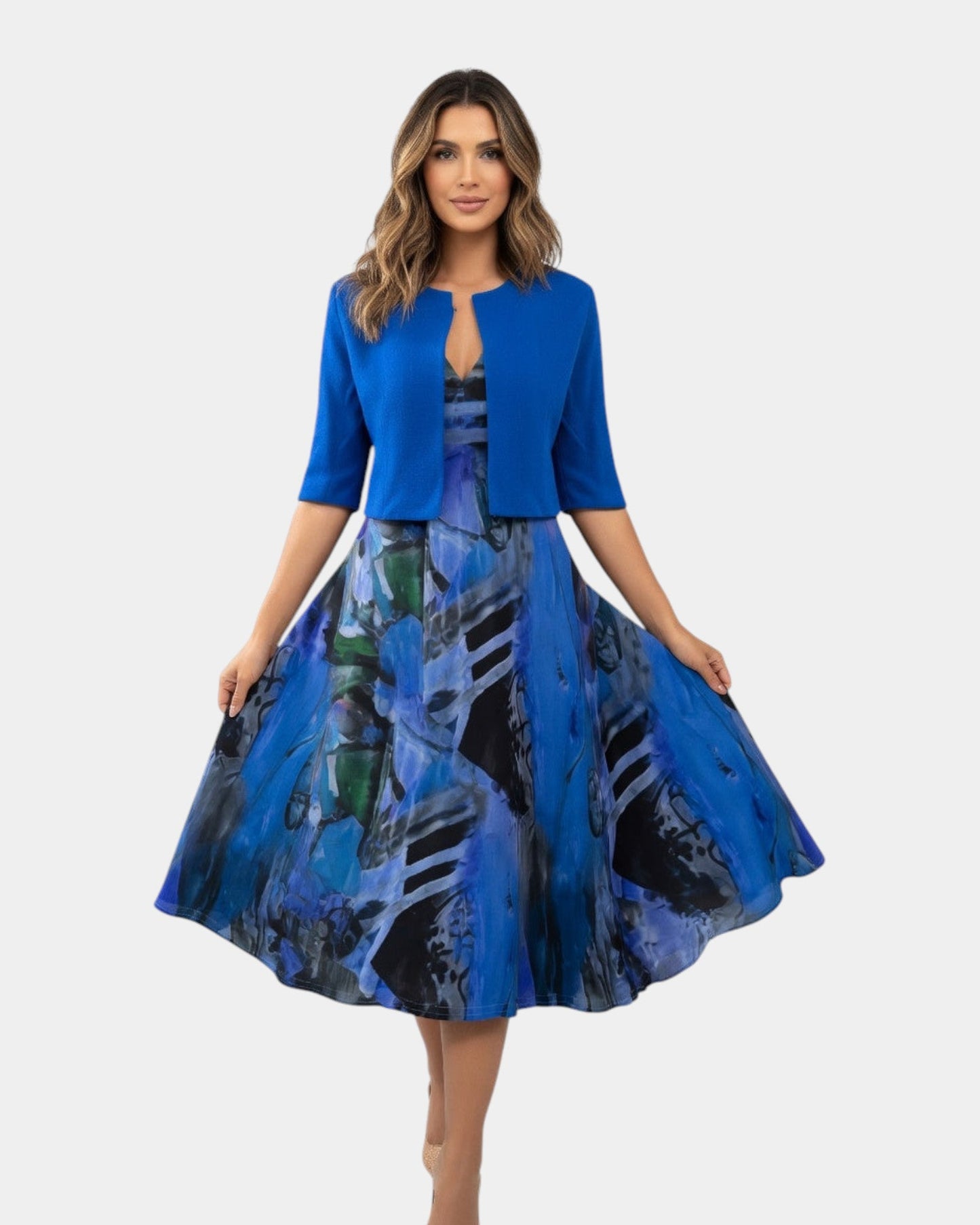 Stacy | Vestido midi fluido estampado con chaqueta a juego