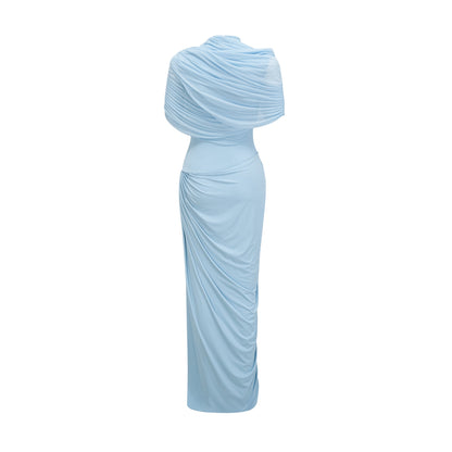 vestido maxi plisado asimétrico