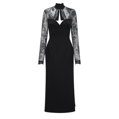 Vestido maxi con panel de encaje negro