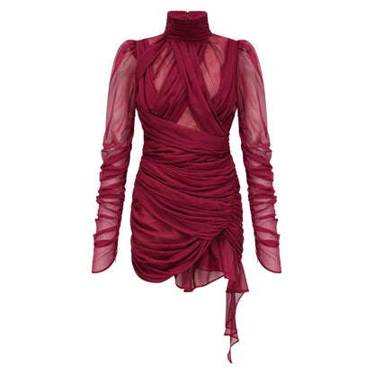 Vestido Mini Burdeos Asimétrico con Fruncidos