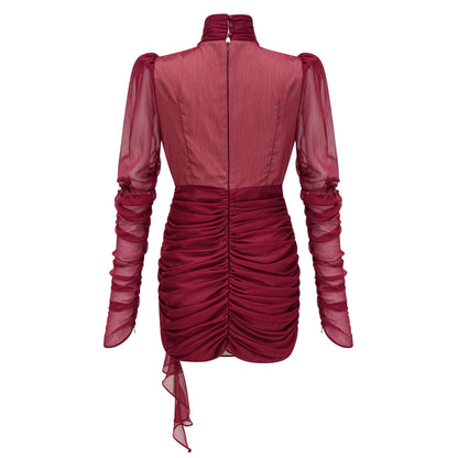 Vestido Mini Burdeos Asimétrico con Fruncidos