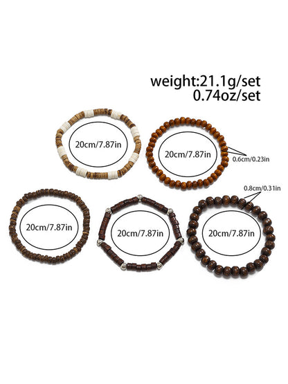 Set de 5 pulseras de madera retro