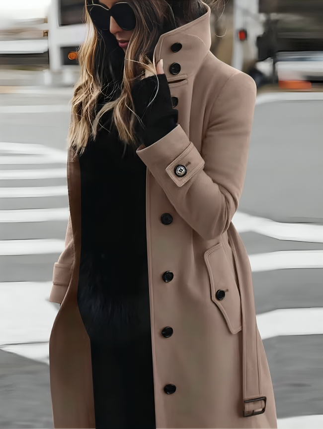 Abrigo tipo trench para mujer largo con cuello alto y cinturón