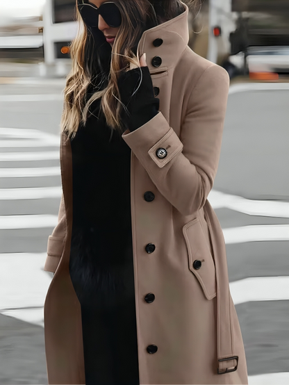 Abrigo tipo trench para mujer largo con cuello alto y cinturón