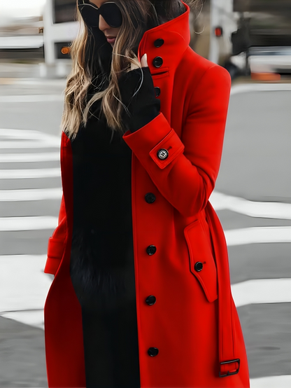 Abrigo tipo trench para mujer largo con cuello alto y cinturón