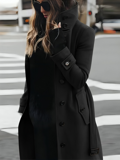 Abrigo tipo trench para mujer largo con cuello alto y cinturón
