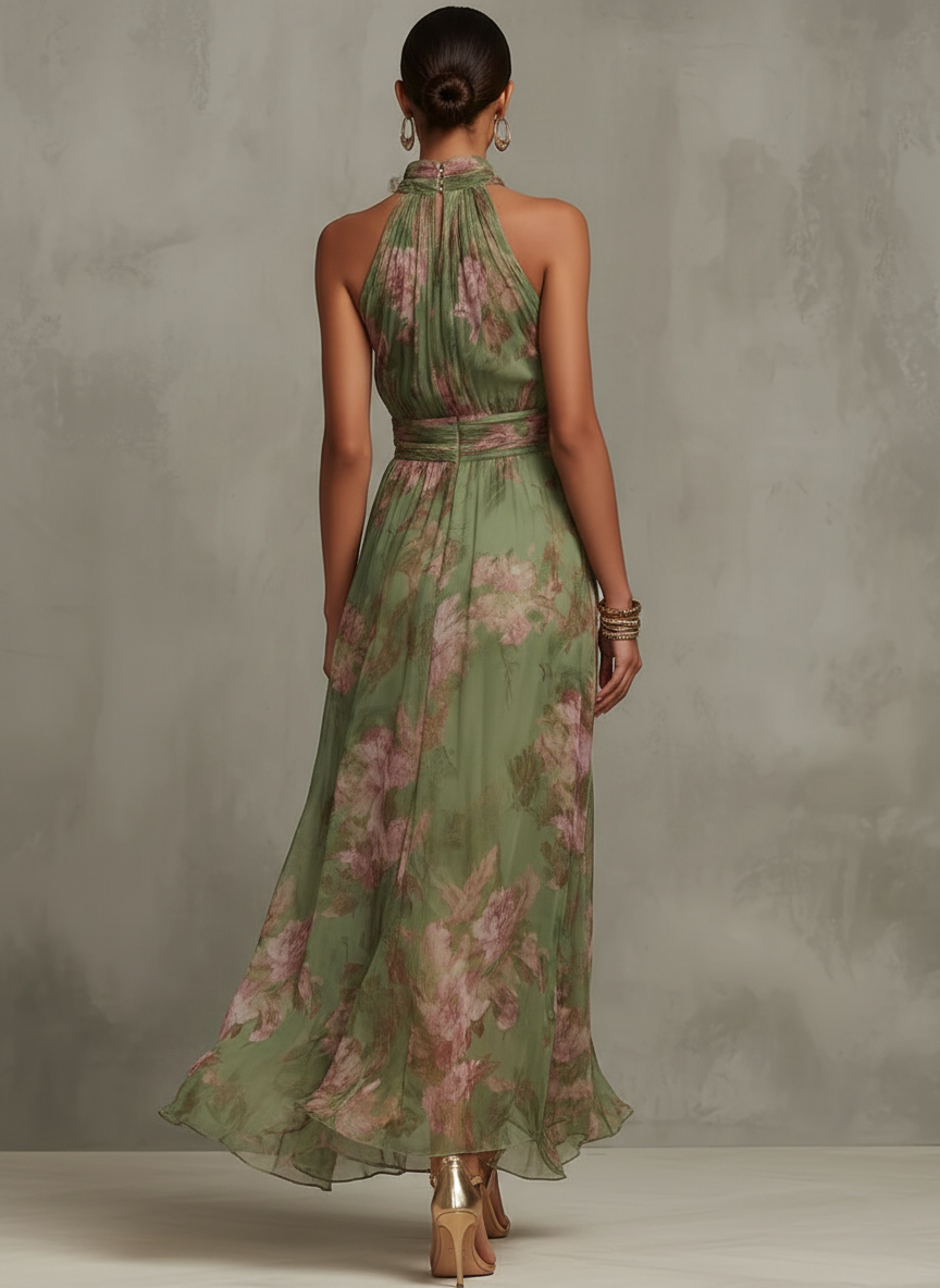 Serena ∙ Vestido largo verde con estampado de flores en chiffon y escote americano