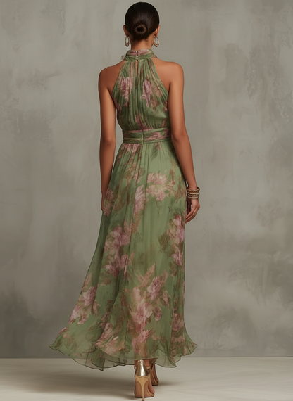 Serena ∙ Vestido largo verde con estampado de flores en chiffon y escote americano