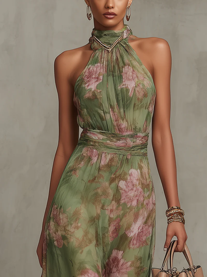 Serena ∙ Vestido largo verde con estampado de flores en chiffon y escote americano
