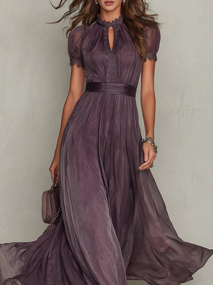 Flavia - Vestido largo violeta con escote en lágrima y borde de encaje de chiffón
