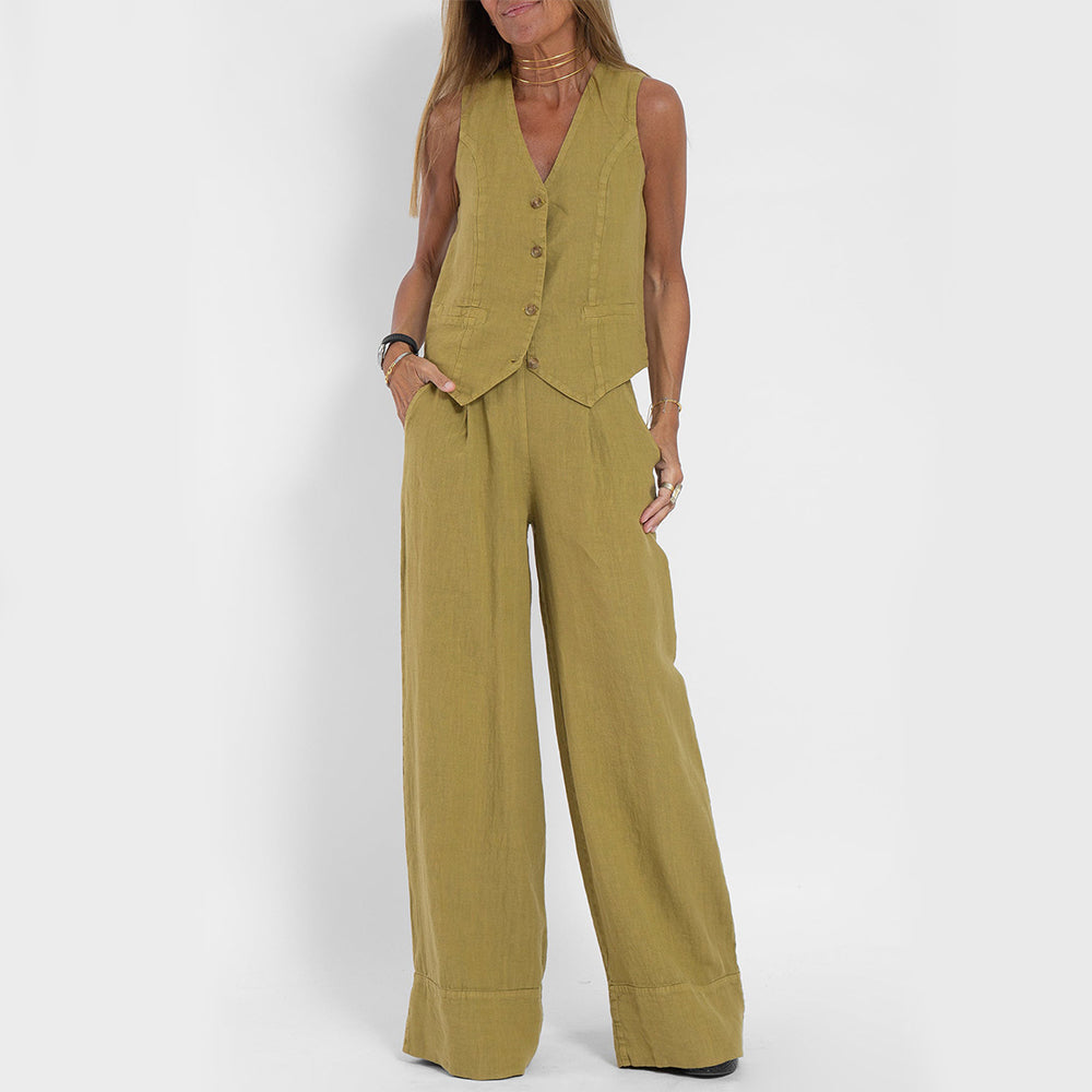 Conjunto de chaleco con cuello en V y pantalones rectos sueltos