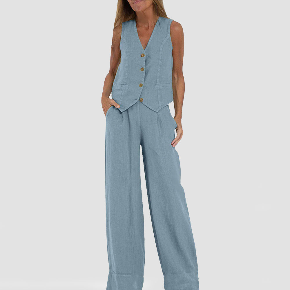 Conjunto de chaleco con cuello en V y pantalones rectos sueltos