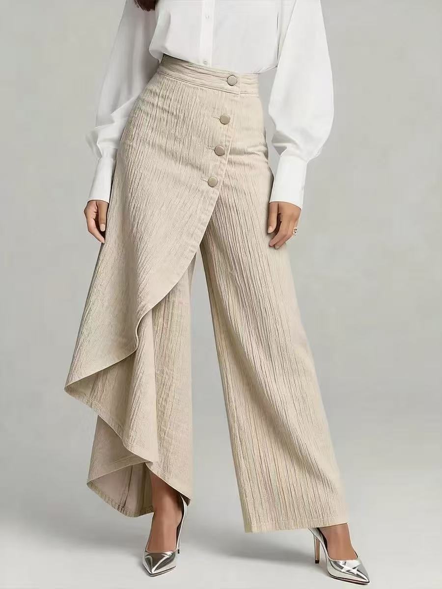 Pantalones únicos de moda con botones y volantes para mujer