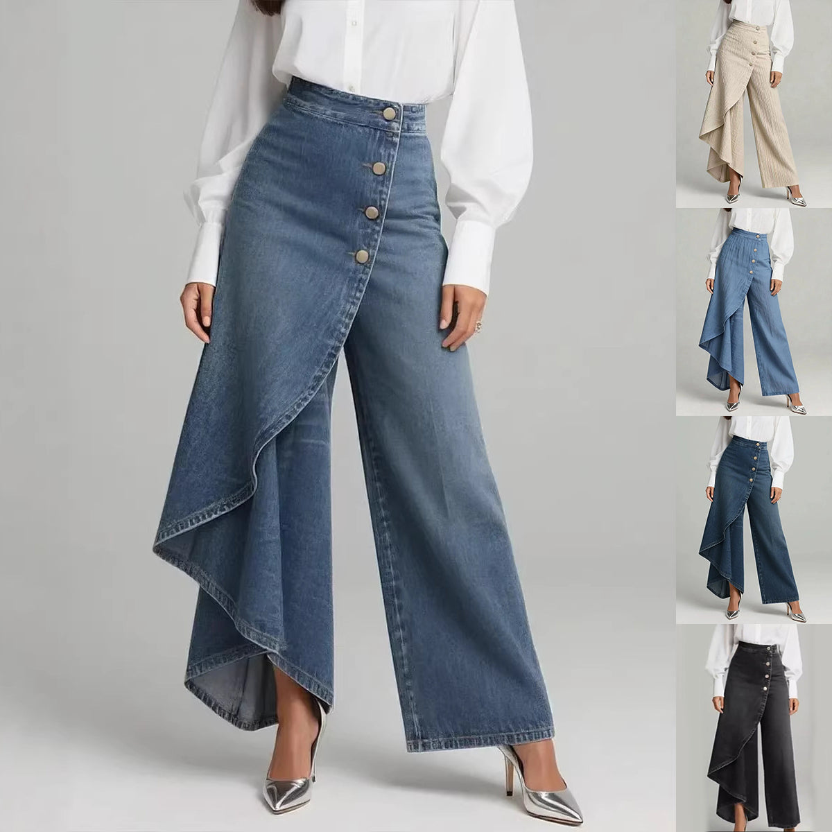 Pantalones únicos de moda con botones y volantes para mujer