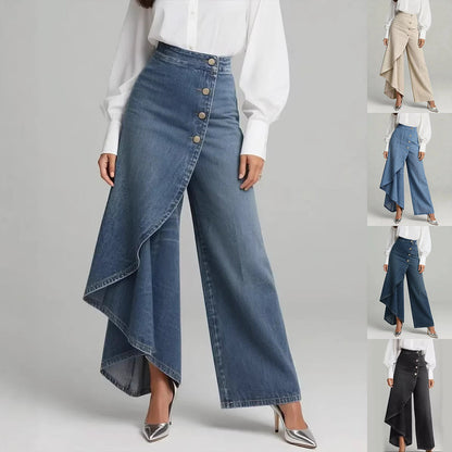 Pantalones únicos de moda con botones y volantes para mujer