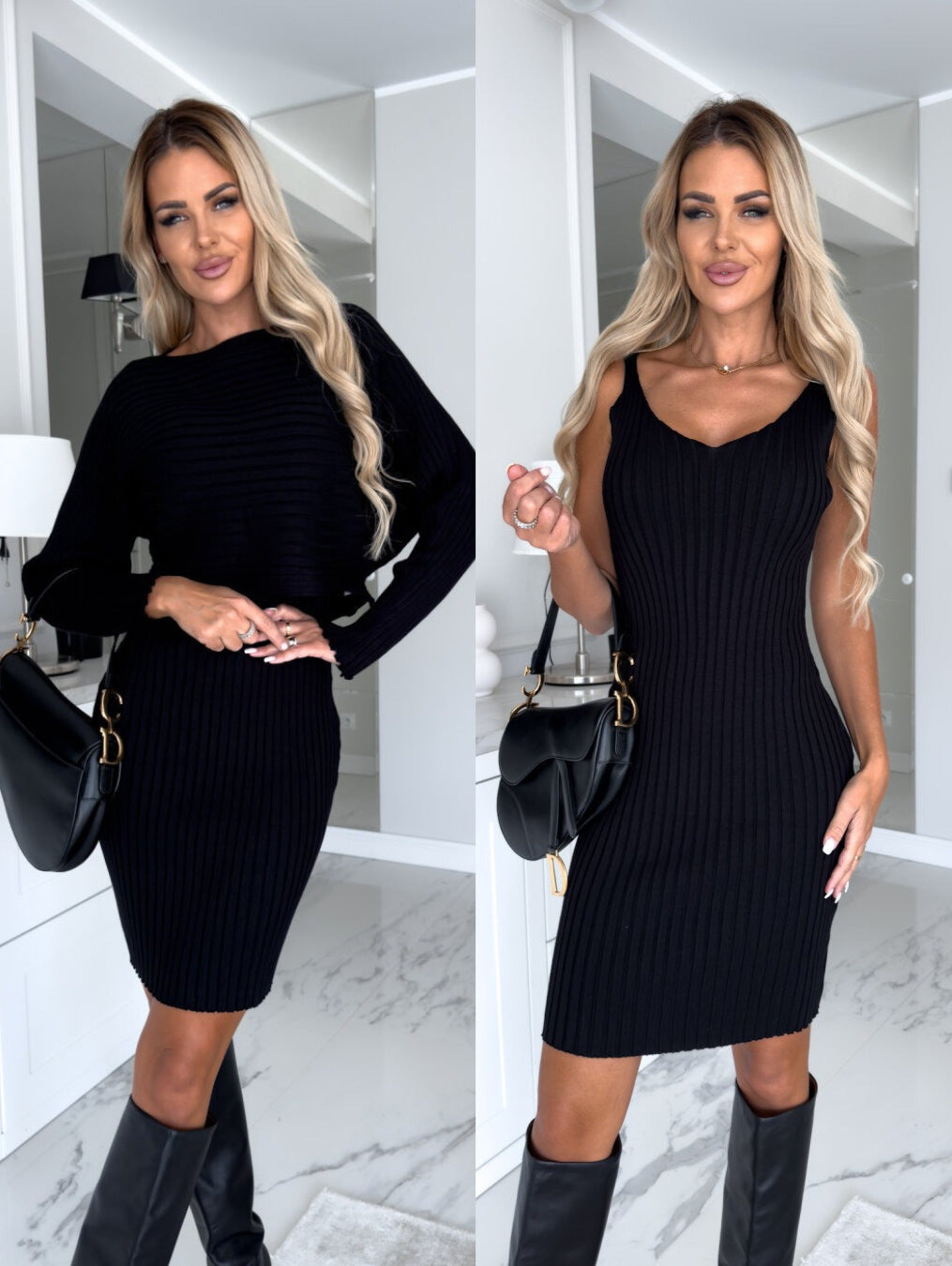 Vestido de manga larga a rayas lisas y falda ajustada