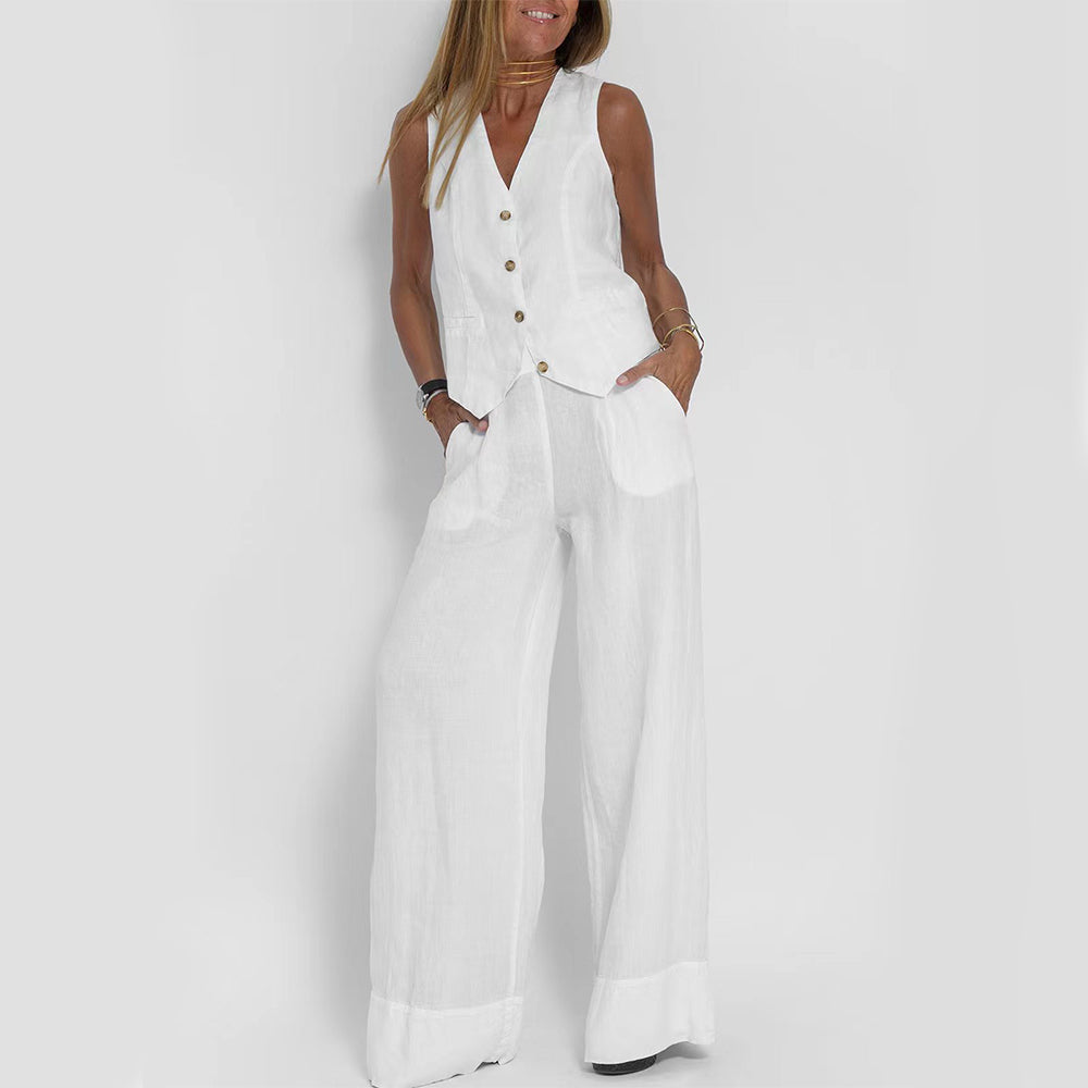Conjunto de chaleco con cuello en V y pantalones rectos sueltos