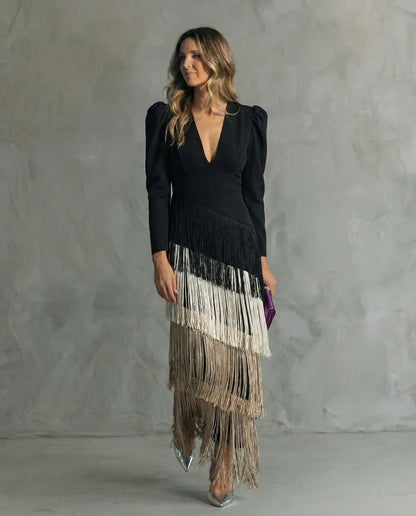 Alessia - Elegante vestido midi con mangas de flecos
