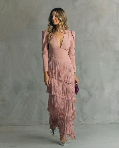 Alessia - Elegante vestido midi con mangas de flecos