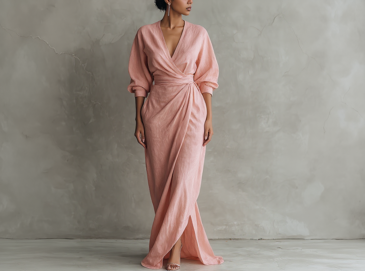Vestido largo minimalista rosa con escote en V de mezcla de lino para mujer