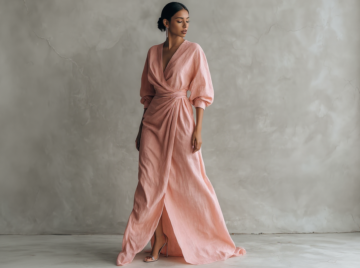 Vestido largo minimalista rosa con escote en V de mezcla de lino para mujer