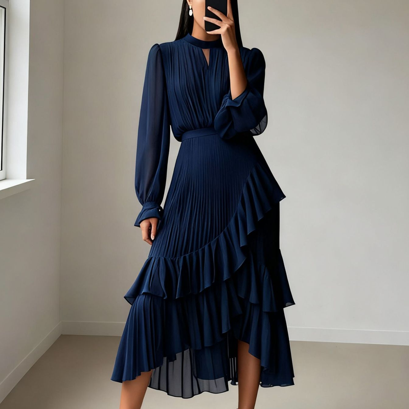 Elegante vestido midi plisado con volante